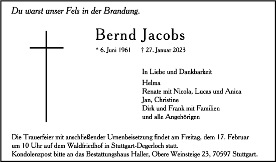 Todesanzeige von Bernd Jacobs von trauer.de