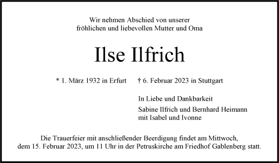 Todesanzeige von Ilse Ilfrich von trauer.de