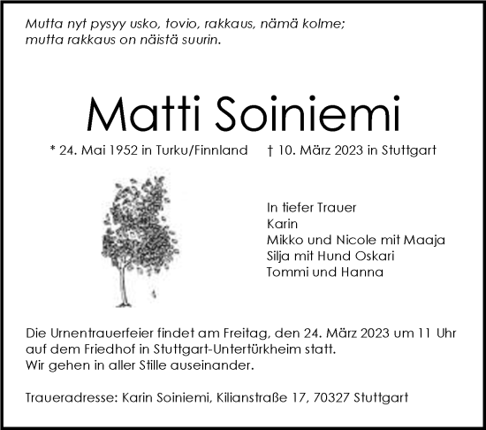 Todesanzeige von Matti Soiniemi von trauer.de