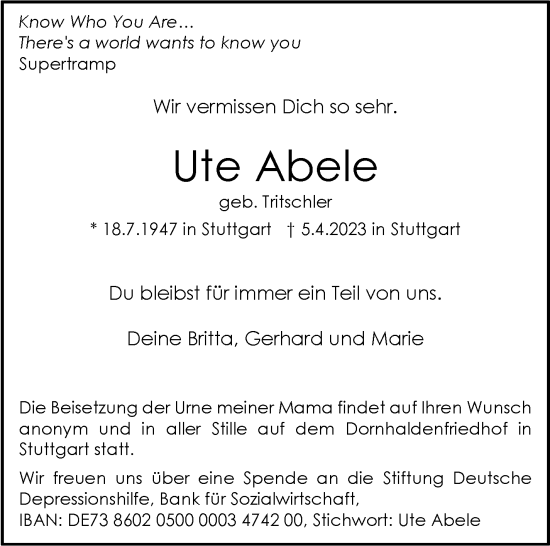 Todesanzeige von Ute Abele von trauer.de