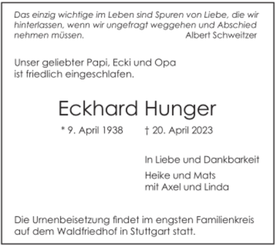 Todesanzeige von Eckhard Hunger von Trauer.de