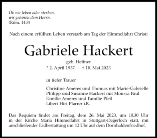 Todesanzeige von Gabriele Hackert von trauer.de