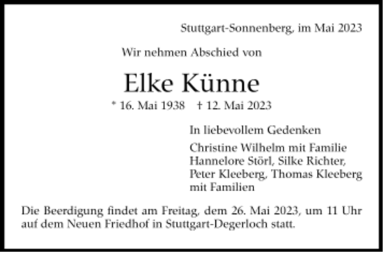 Todesanzeige von Elke Künne von Trauer.de