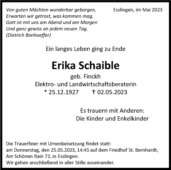 Todesanzeige von Erika Erika von trauer.de