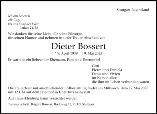 Todesanzeige von Dieter Bossert von Trauer.de