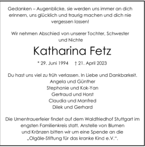 Todesanzeige von Katharina Fetz von trauer.de