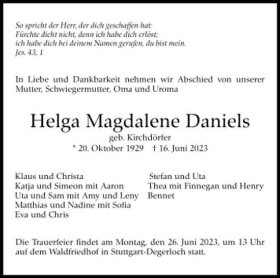 Todesanzeige von Helga Magdalene Daniels von trauer.de