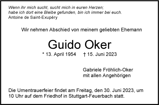 Todesanzeige von Guido Oker von trauer.de