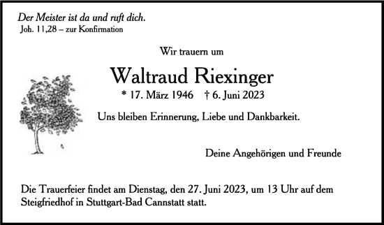 Todesanzeige von Waltraud Riexinger von trauer.de