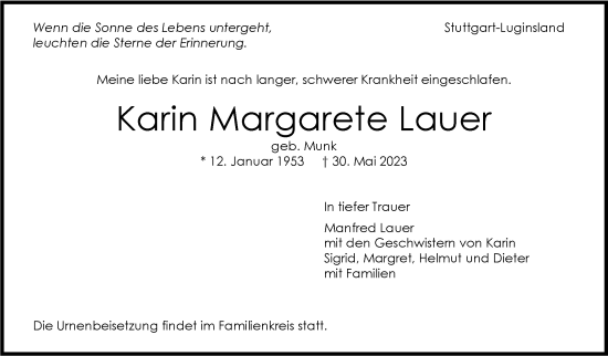 Todesanzeige von Karin Margarete Lauer von trauer.de