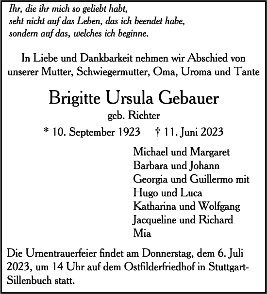 Todesanzeige von Brigitte Ursula Gebauer von trauer.de