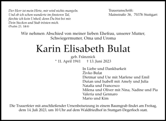 Todesanzeige von Karin Elisabeth Bulat 