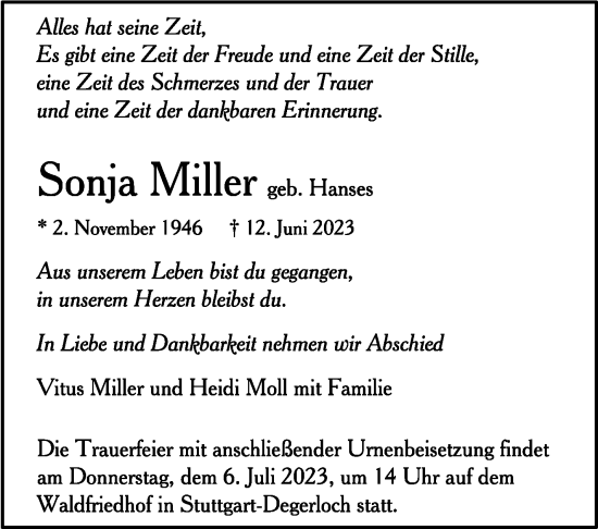 Todesanzeige von Sonja Miller von trauer.de