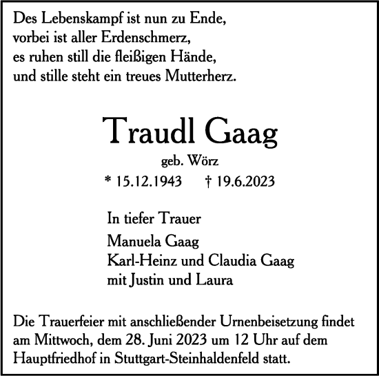 Todesanzeige von Traudl Gaag von trauer.de