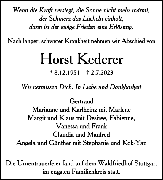 Todesanzeige von Horst Kederer von trauer.de