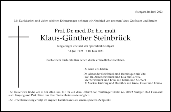 Todesanzeige von Klaus-Günther Steinbrück von trauer.de