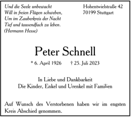 Todesanzeige von Peter Schnell von trauer.de