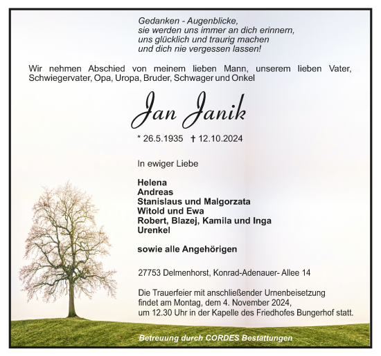 Todesanzeige von Jan Janik von trauer.de