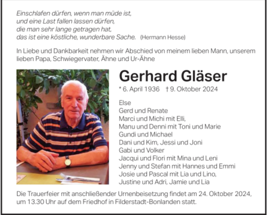 Todesanzeige von Gerhard Gläser von Trauer.de