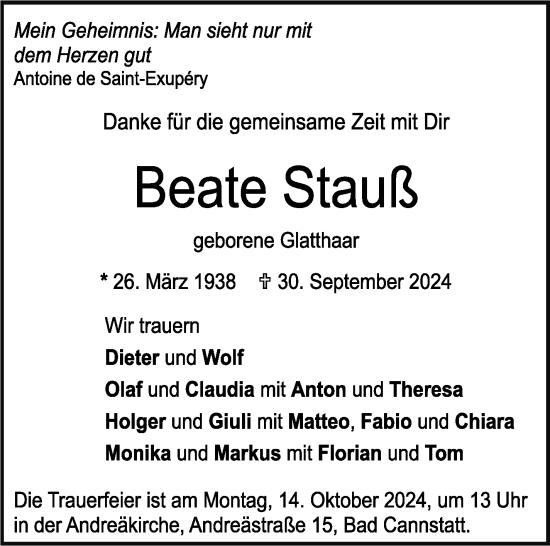 Todesanzeige von Beate Stauß von trauer.de