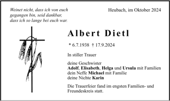 Todesanzeige von Albert Dietl von trauer.de