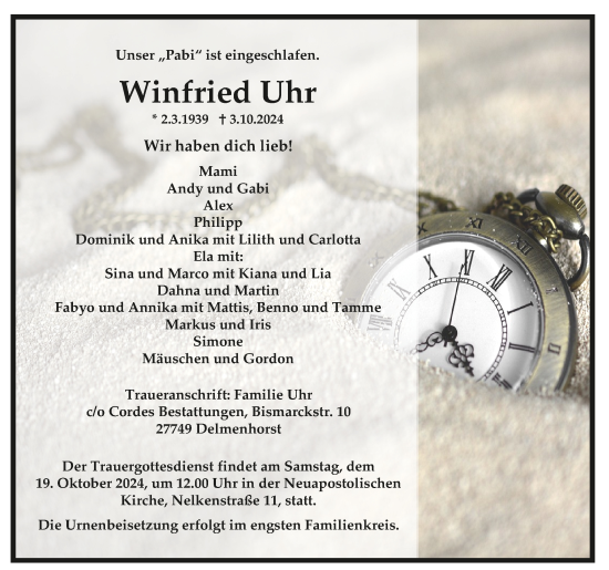 Todesanzeige von Winfried Uhr von trauer.de