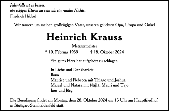 Todesanzeige von Heinrich Krauss von trauer.de