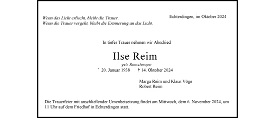 Todesanzeige von Ilse Reim von trauer.de