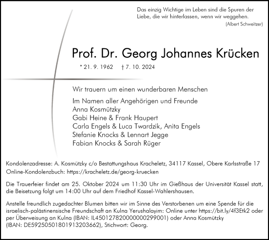 Todesanzeige von Georg Johannes Krücken von HNA