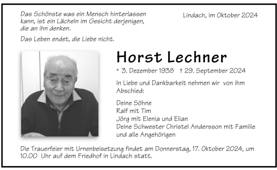 Todesanzeige von Horst Lechner von trauer.de