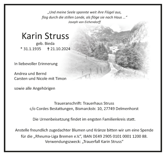 Todesanzeige von Karin Struss von trauer.de