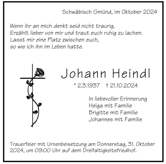 Todesanzeige von Johann Heindl von trauer.de