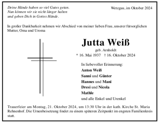 Todesanzeige von Jutta Weiß von Trauer.de