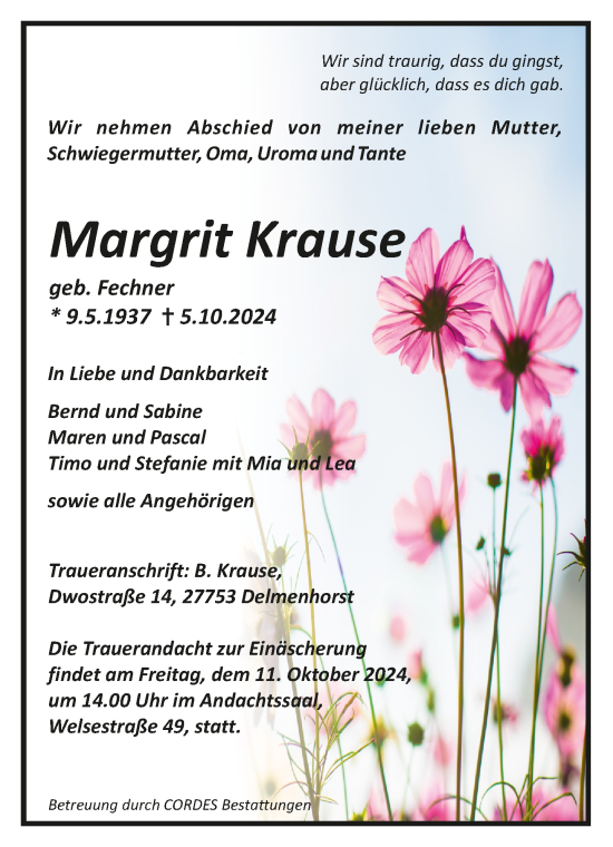 Todesanzeige von Margrit Krause von trauer.de