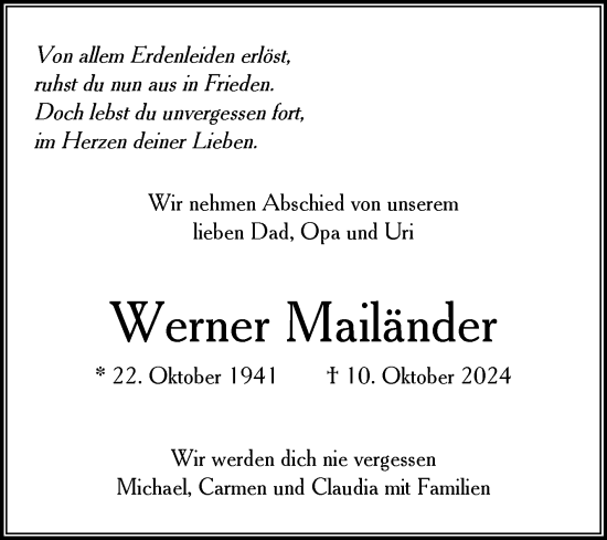 Todesanzeige von Werner Mailänder von Trauer.de