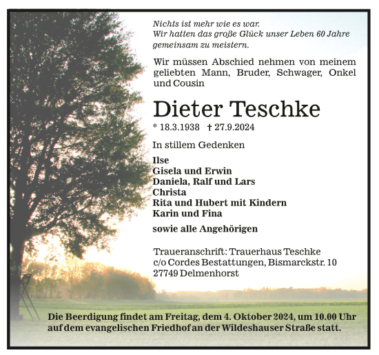 Todesanzeige von Dieter Teschke von trauer.de