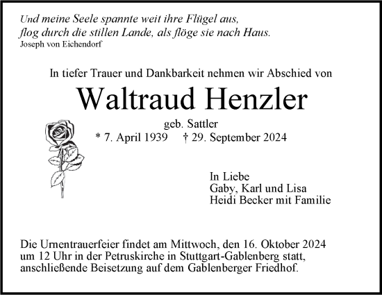 Todesanzeige von Waltraud Henzler von trauer.de