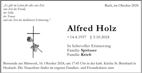 Todesanzeige von Alfred Holz von trauer.de