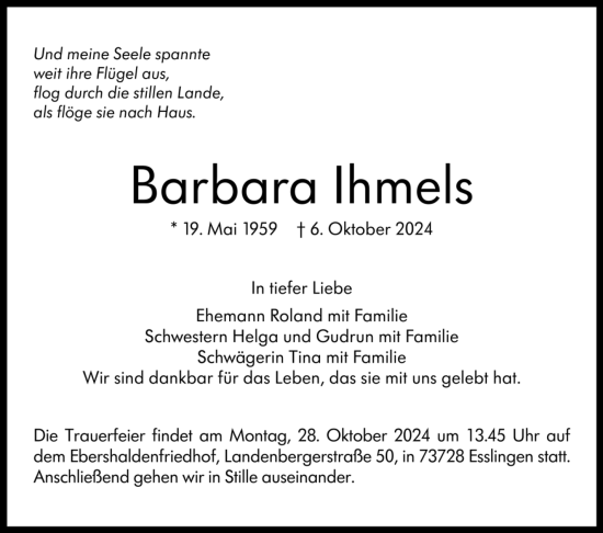 Todesanzeige von Barbara Ihmels von trauer.de