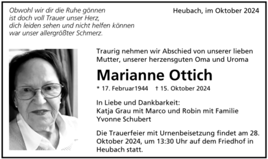 Todesanzeige von Marianne Ottich von trauer.de