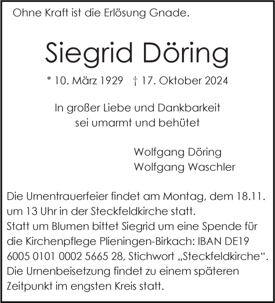 Todesanzeige von Siegrid Döring von trauer.de