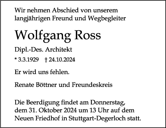 Todesanzeige von Wolfgang Ross von trauer.de