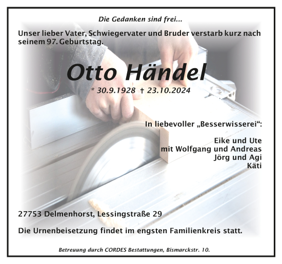 Todesanzeige von Otto Händel von trauer.de