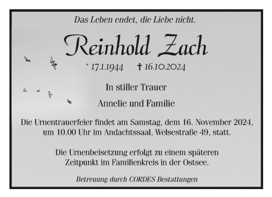 Todesanzeige von Reinhold Zach 