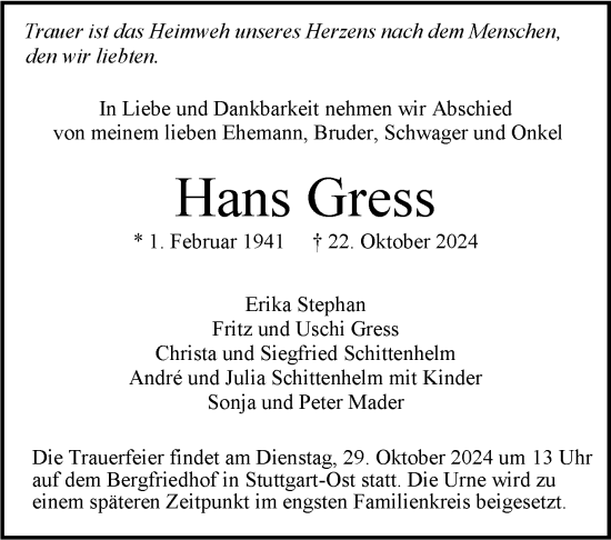 Todesanzeige von Hans Gress von trauer.de