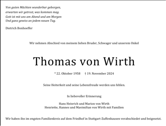 Todesanzeige von Thomas von Wirth von Trauer.de