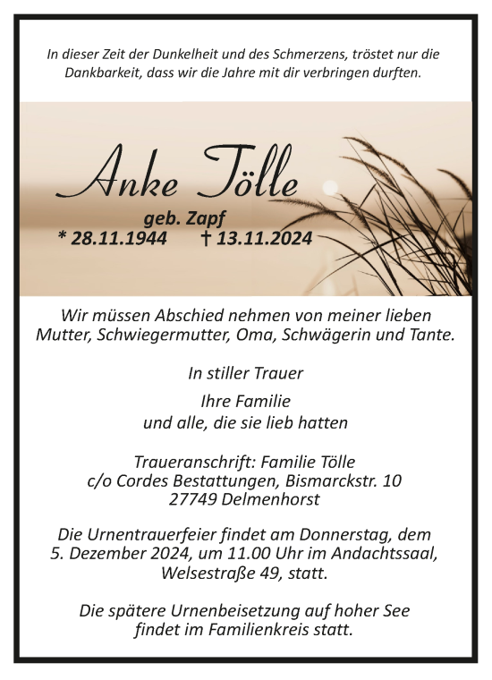 Todesanzeige von Anke Tölle von Trauer.de