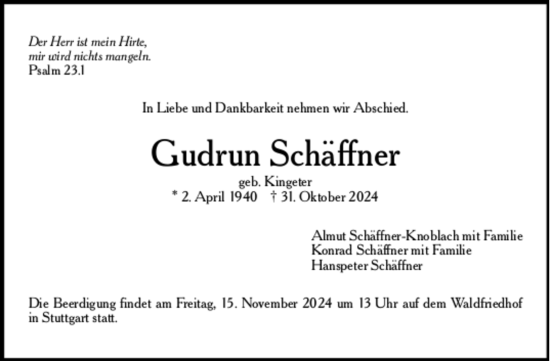 Todesanzeige von Gudrun Schäffner von trauer.de