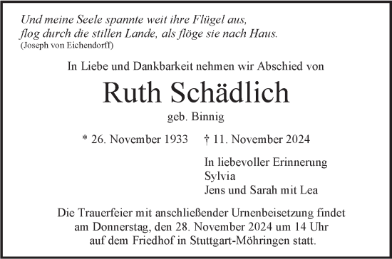 Todesanzeige von Ruth Schädlich von trauer.de