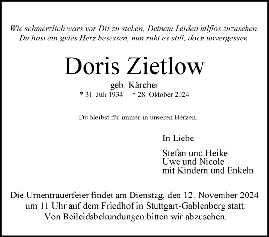 Todesanzeige von Doris Zietlow von trauer.de